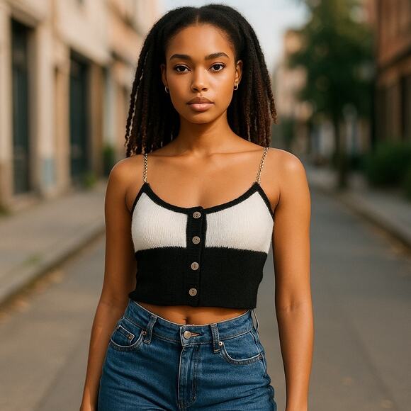 Cider Cropped Sweater Top Womens Size Medium Chain Straps Colorblock Black White - Picture 1 of 9